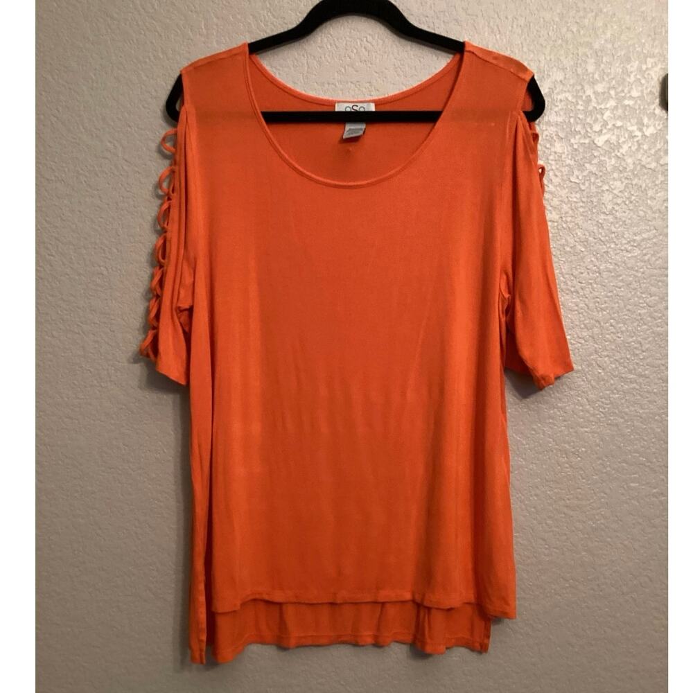 OSO Casuals Orange Scoop Neckline Cold Shoulder Cage Style Short Sleeve Top XL